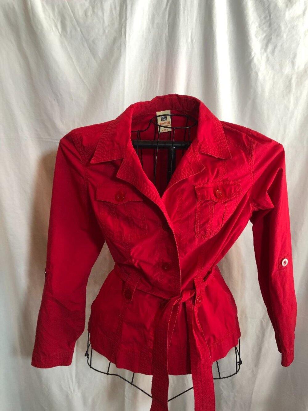 Faded Glory MEDIUM Red Long Sleeve Trenchcoat Style Jacket Blazer 21" Pit to Pit